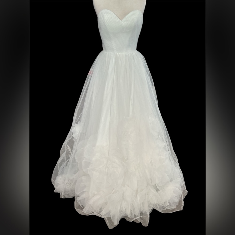 Lulus Beloved Vow Strapless Wedding Dress Small White Tulle 3D Flower Pleated - Picture 6 of 12